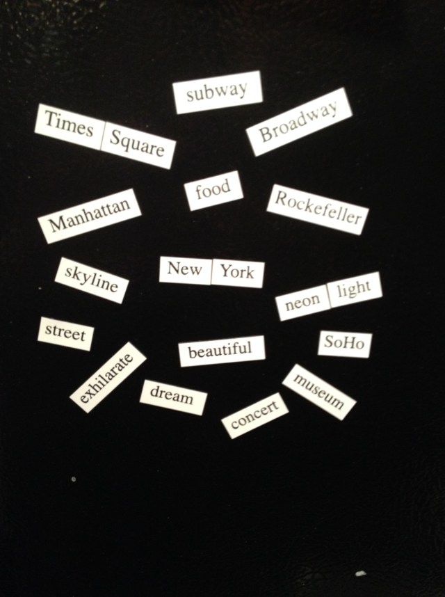 NYC-themed magnetic poetry. A gift from my NYC-soulmate Lyndsay (we've been 5 times together, once for less than 20 hours)